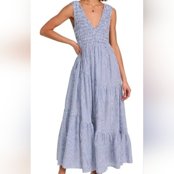 Free People Dresses & Skirts - Free People Juni Maxi Dress | Ivory Blue Stripe Smocked Tiered Maxi | NWT | sz M